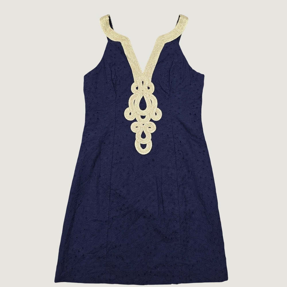 Lilly Pulitzer Dress Womens 2 Navy‎ Blue Gold Soutache Eyelet Preppy Coastal